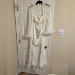 Elegant White Sheer Robe with Ruffle Trim & Lace Trim White Slip